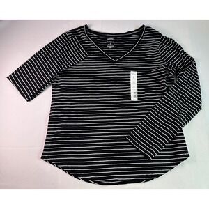 NWT‎ Sonoma Everyday Tee Women's L Black White Striped Long Sleeve V Neck Top